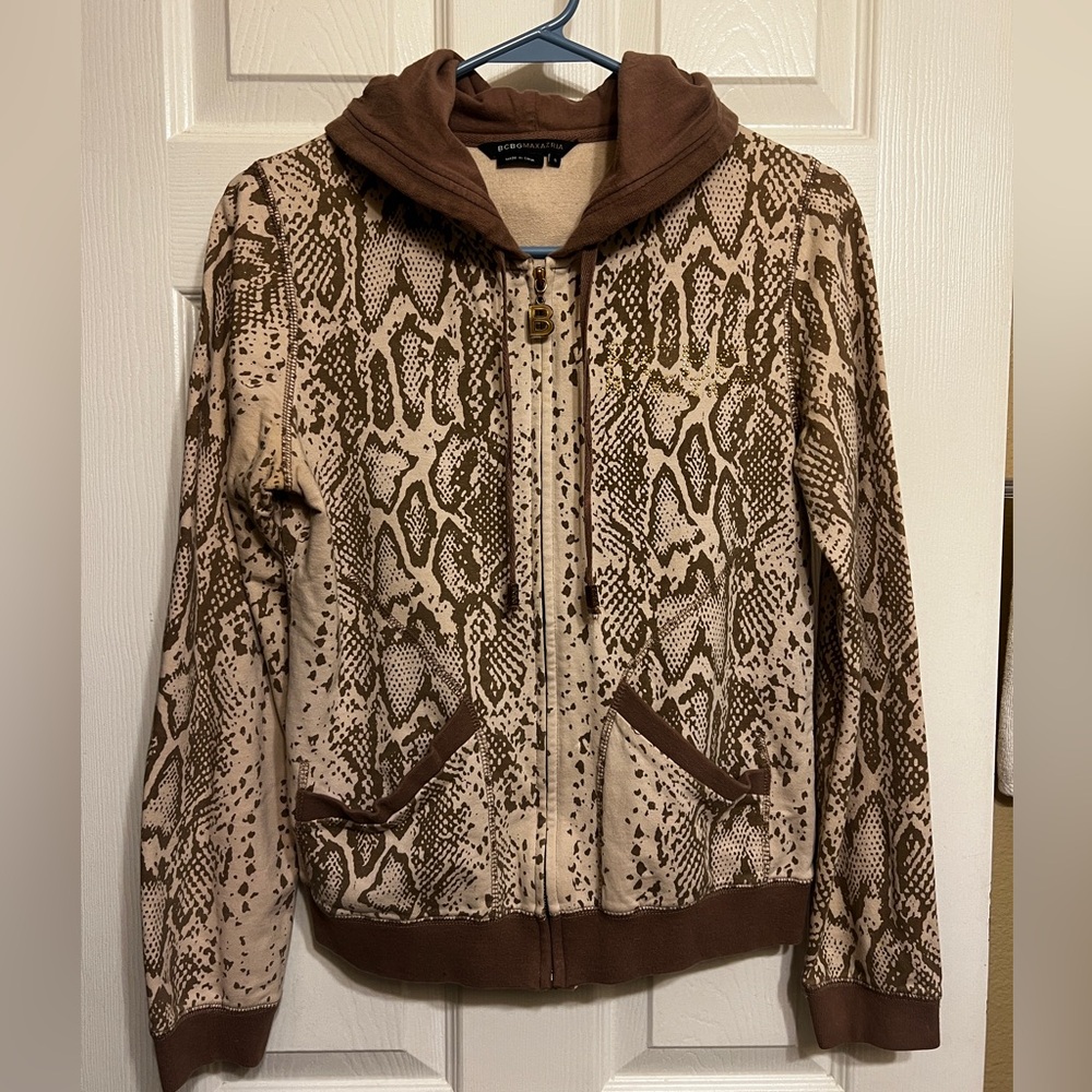 BCBGMAXAZRIA brown snakeskin print zip-up hoodie.